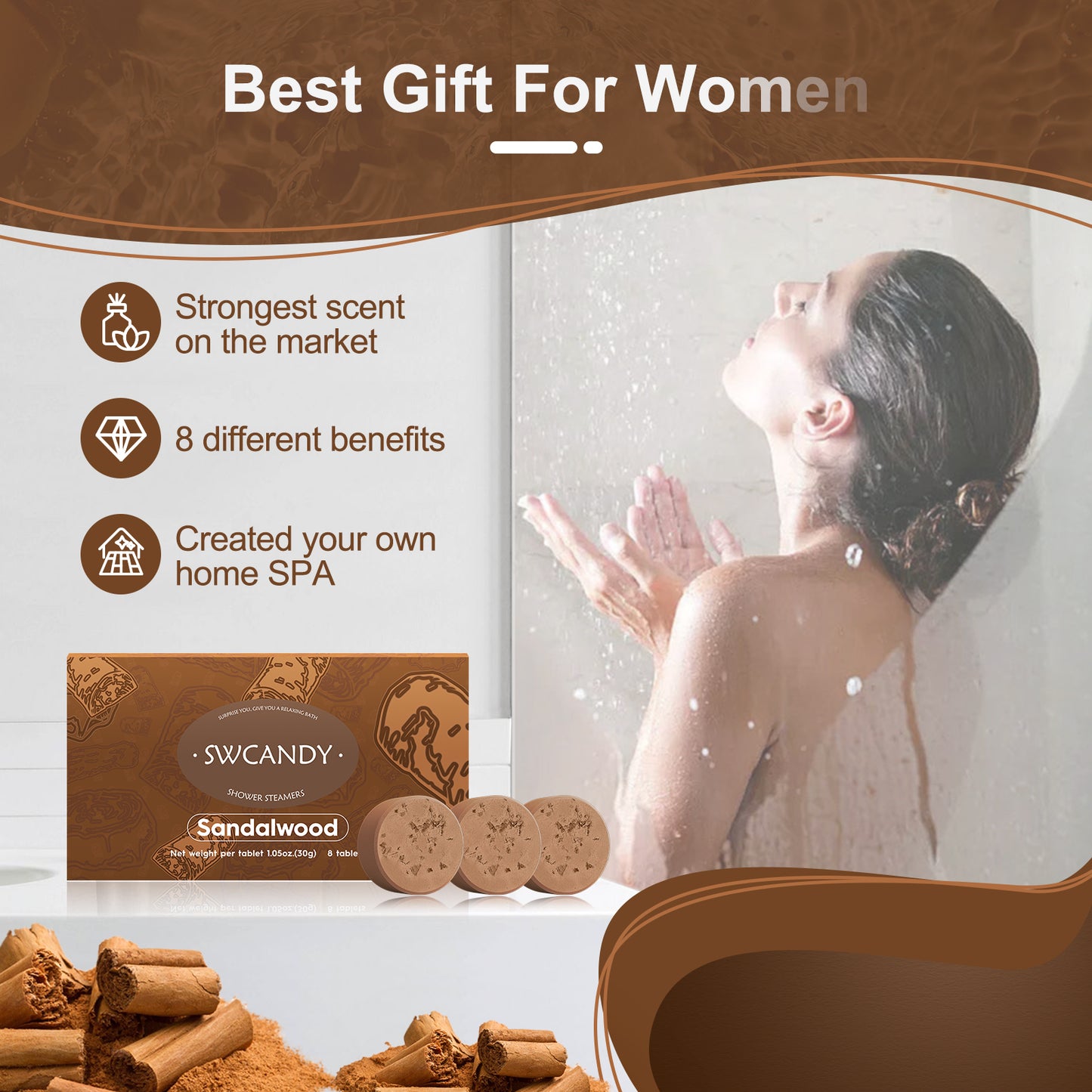 Swcandy Aromatherapy Shower Steamers Gifts Sandalwood 8 Pcs