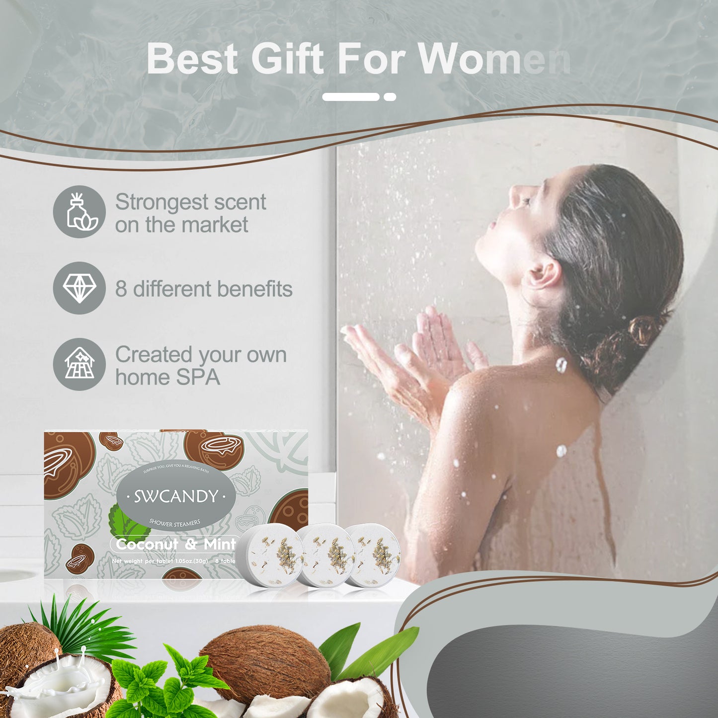 Swcandy Aromatherapy Shower Steamers Gifts Coconut Mint 8 Pcs