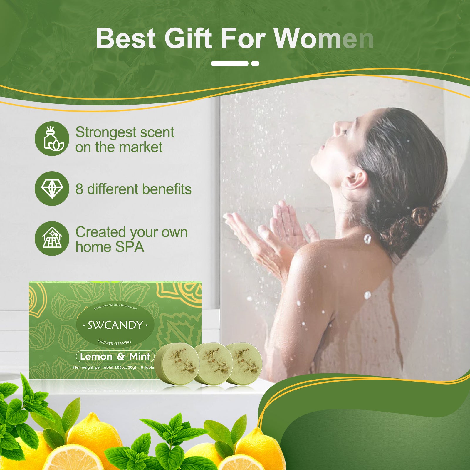 Swcandy Aromatherapy Shower Steamers Gifts Lemon Mint 8 Pcs